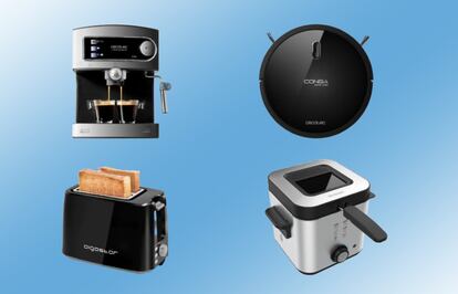 De izquierda a derecha: cafetera express Cecotec, robot aspirador Conga Serie 990, tostador Aigostar y freidora eléctrica CleanFry.