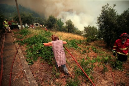 Según datos de Protección Civil, unos 712 efectivos terrestres se encuentran en el lugar, entre ellos un grupo de bomberos españoles enviados a la zona para ayudar en las tareas de extinción. En la imagen, una mujer ayuda a los bomberos en el incendio de Sandinha.