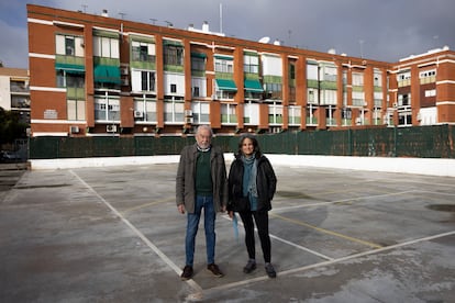 Paco Ávila, vocal de las asociaciones de Tiro de Línea en Sevilla y Mari Carmen Carrillo, miembro de la junta directiva de la intercomunidad de la Plaza Alcalde Horacio Hermoso, posan en la pista que los divide.