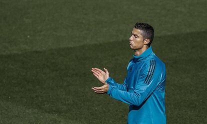Cristiano Ronaldo, en el último entrenamiento del martes en Valdebebas.