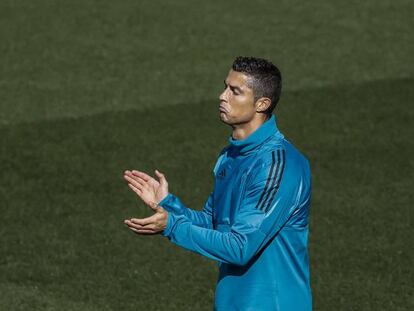 Cristiano Ronaldo, en el último entrenamiento del martes en Valdebebas.