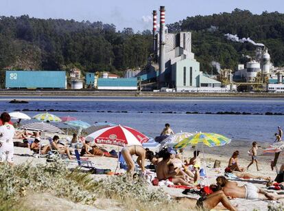 Ba&ntilde;istas frente a la pastera de ENCE, al borde de la r&iacute;a de Pontevedra.