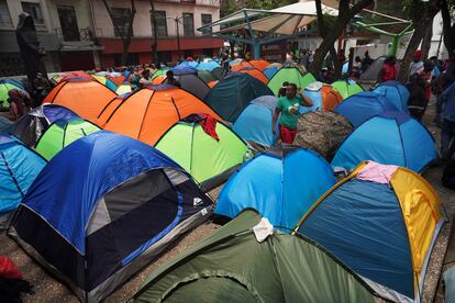 Haitian migrants camp out at the Giordano Bruno plaza in Mexico City, on May 18, 2023.