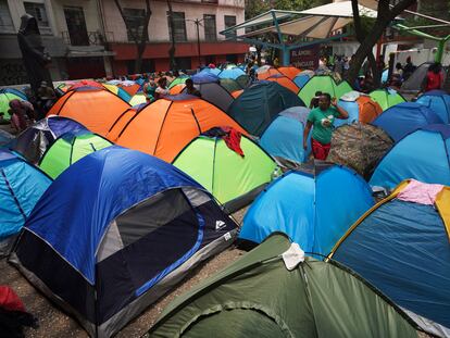 Haitian migrants camp out at the Giordano Bruno plaza in Mexico City, on May 18, 2023.