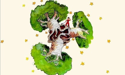 Ilustración de 'El Principito', con los baobabs devorando el planeta.