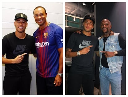 He aquí a Neymar haciendo amigos. Todo correcto si no llega a ser porque posa con quizá los dos deportistas más despreciados de los últimos años. El golfista Tiger Woods (1975, EE UU), a la izquierda, ha sido detenido por conducir ebrio en varias ocasiones, se ha gastado miles de dólares en prostitutas de lujo y ha engañado reiteradamente, por su diagnosticada adicción al sexo, a su mujer y a su familia. De ser número uno del golf ha pasado al fango. A la derecha, el futbolista posa con el boxeador Floyd Mayweather (1977, EE UU), experto en indignar a todo el mundo a golpe de exhibir su opulencia. Solo hay que echar un vistazo a su Instagram para subirse por las paredes.