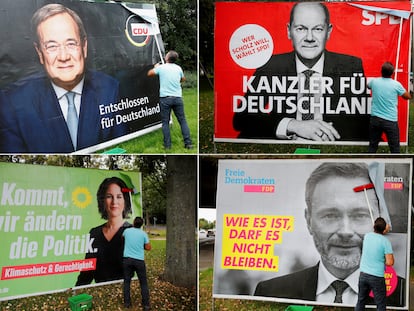 Cartazes dos quatro principais candidatos nas eleições alemãs de 26 de setembro: Armin Laschet (CDU), Olaf Scholz (SPD), Annalena Baerbock (Os Verdes) e Christian Lindner (FDP).