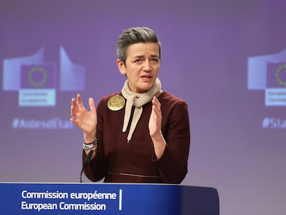 Margrethe Vestager, vicepresidenta segunda de la Comisión Europea, en una rueda de prensa en Bruselas el 1 de febrero.