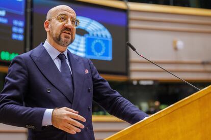 El presidente del Consejo Europeo, Charles Michel, este miércoles en el Parlamento Europeo.
