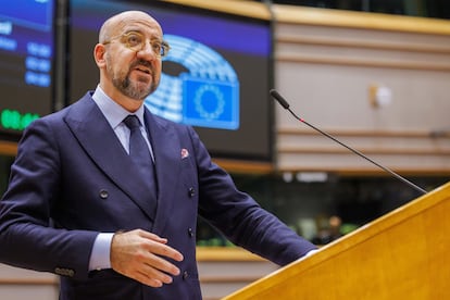 El presidente del Consejo Europeo, Charles Michel, este miércoles en el Parlamento Europeo.