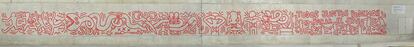 El mural mide 35 metros. Haring necesitó cinco horas para terminarlo y el equipo de conservación y restauración del Macba requirió 100 días para poder reproducirlo fielmente. A la dificultad de copiar el trazo del artista (solo se puede recrear con un trazo neutro), se añade la rugosidad de la nueva pared, con mucha más textura que la original en la que pintó Haring. |