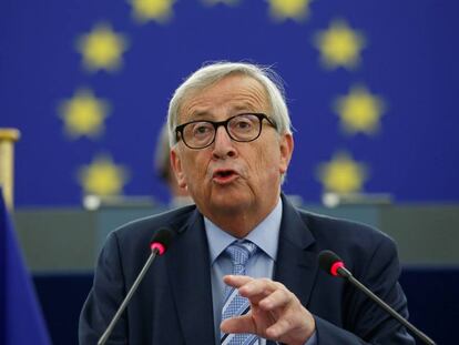 El presidente de la Comisión Europea Jean Claude Juncker, durante su intervención en el Parlamento, esta tarde en Estrasburgo.