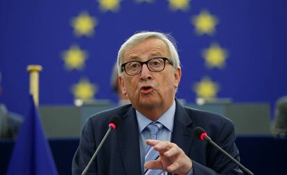 El presidente de la Comisión Europea Jean Claude Juncker, durante su intervención en el Parlamento, esta tarde en Estrasburgo.