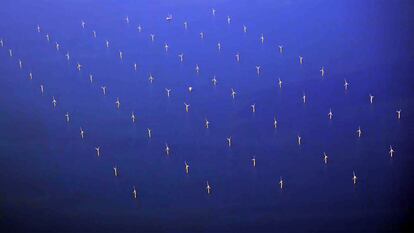 Vista aérea de decenas de aerogeneradores, frente a las costas danesas.