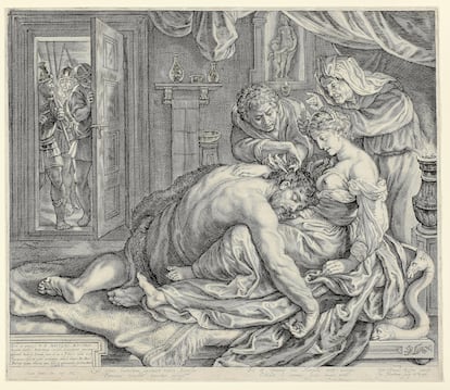 'Sansón y Dalila', grabado del impresor Jacob Matham, a partir del cuadro original de Rubens.