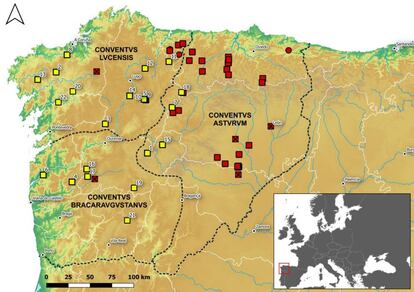 En amarillo, los 22 campamentos localizados en el noroeste. Los cuadrados corresponden a campamentos, los círculos a 'castella' y los que tienen cruz a fortalezas.