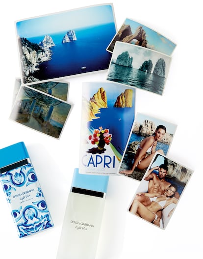 Varias imágenes de Capri y sus farallones; 'eau de parfum Light Blue Capri' In Love y 'eau de toilette' Light Blue, ambos de DOLCE & GABBANA.