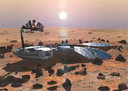 Ilustración de la sonda de descenso <i>Beagle 2</i> desplegada en la superficie de Marte.