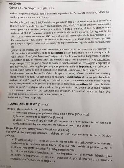 La hoja del examen de Baleares con la opción B.