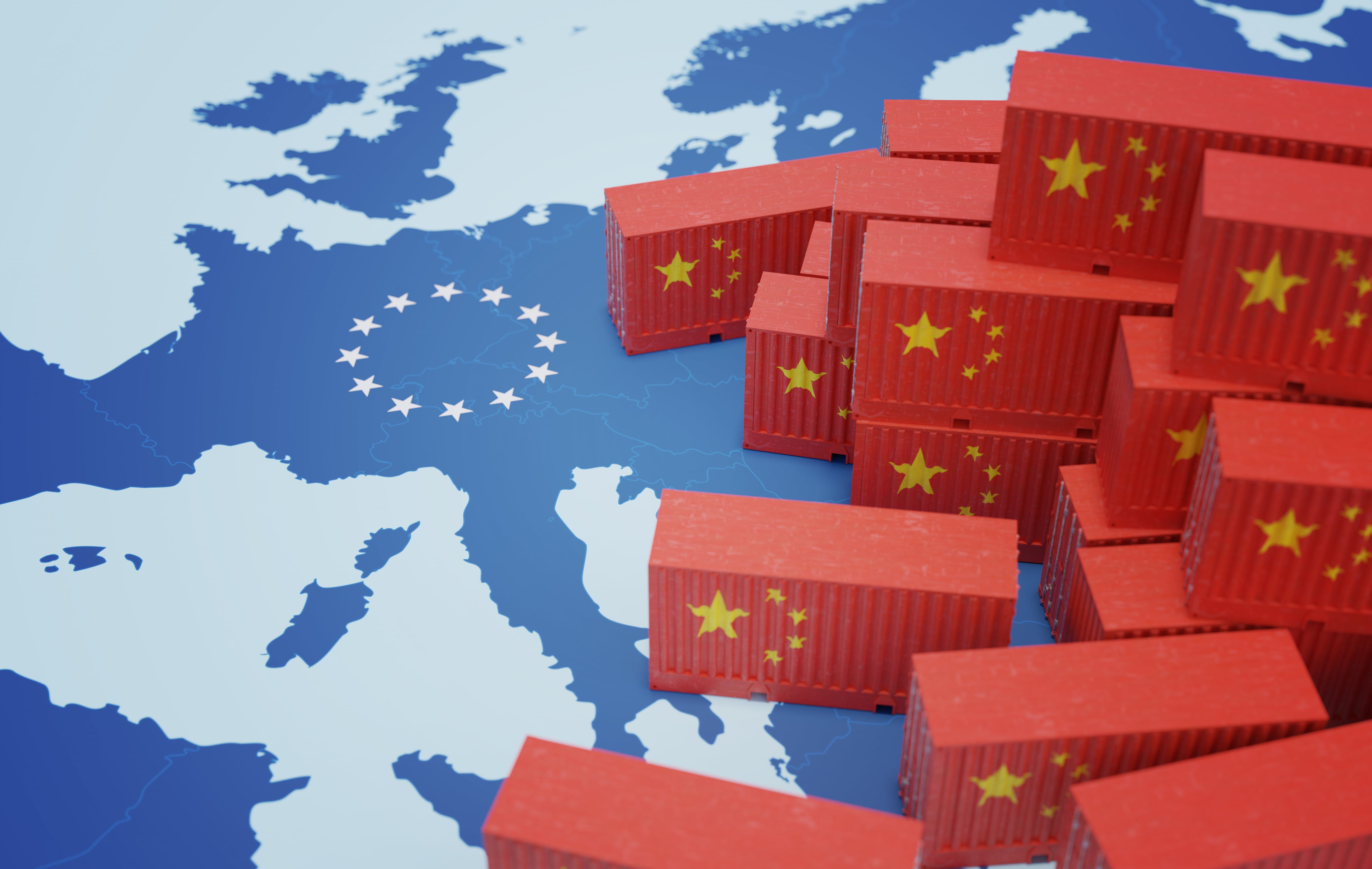 Contenedores de carga chinos en un mapa de Europa