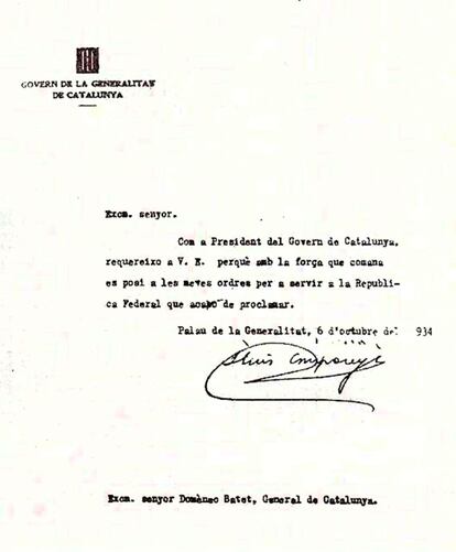 Carta que el President Companys va enviar al General de Catalunya Domènec Batet demanant-li que es posés a les seves ordres.