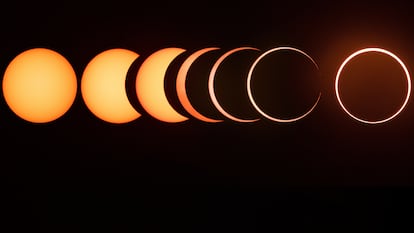 La secuencia completa de un eclipse solar anular de principio a fin. Esta secuencia muestra el comienzo del eclipse hasta que se forma el anillo de fuego.