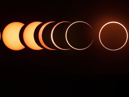 La secuencia completa de un eclipse solar anular de principio a fin. Esta secuencia muestra el comienzo del eclipse hasta que se forma el anillo de fuego.