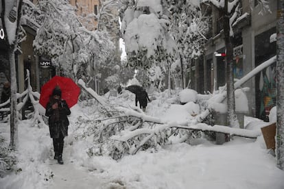 Todo esto ha sido fruto de una nevada que no se recordaba en Madrid desde 1971, que ha dejado 33 litros por metro cuadrado en forma de nieve en 24 horas y afectado al transporte urbano y el ferroviario. También se han suspendido los vuelos en Barajas. En la imagen, una persona camina por una calle del centro de Madrid.