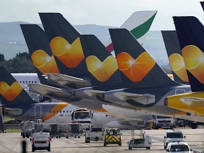 Aviones de Thomas Cook en el aeropuerto de Mánchester, el 23 de septiembre de 2019, tras declararse la compañía en quiebra.