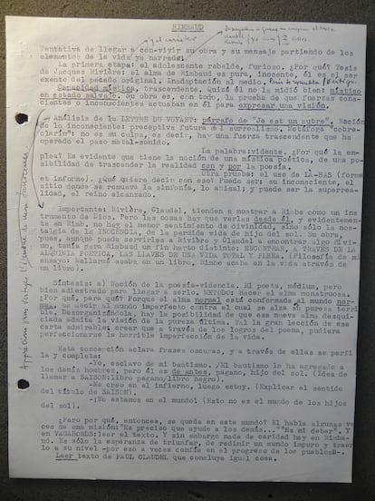 Appunti di Julio Cortázar su Rimbaud, con annotazioni manoscritte.