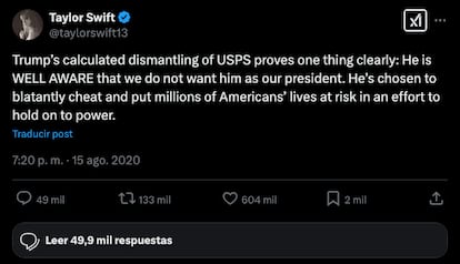 Agosto de 2020: Taylor Swift critica a Trump en X por obstaculizar el financiamiento del servicio postal estadounidense para dificultar el voto por correo. Afirma que su maniobra era una prueba de que sabía que no era querido como presidente: “Ha optado por hacer trampa descaradamente y poner en riesgo la vida de millones de estadounidenses en un esfuerzo por aferrarse al poder”, publicó la artista.