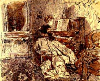 <i>Dama pianista</i>, dibujo de Marià Fortuny reproducido del libro <i>Prefiguració del Museu Nacional d&#39;Art de Catalunya</i>.