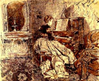<i>Dama pianista</i>, dibujo de Marià Fortuny reproducido del libro <i>Prefiguració del Museu Nacional d'Art de Catalunya</i>.