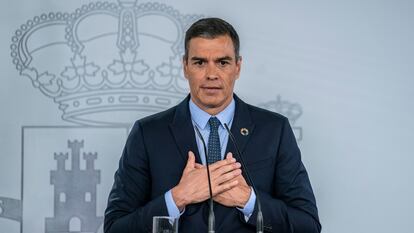 Pedro Sánchez en rueda de prensa en el Palacio de la Moncloa después del Consejo de Ministros.