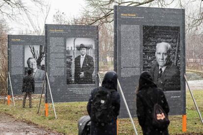 Varios visitantes observan los retratos de supervivientes del Holocausto en la exposición "KZ überlebt" (Sobrevivió al campo de concentración) del fotógrafo alemán Stefan Hanke en Erfurt, en el este de Alemania, el 27 de enero de 2021, Día Internacional de la Memoria del Holocausto. La exposición al aire libre muestra 16 de un total de 121 retratos de supervivientes del Holocausto que ha realizado durante muchos años en siete países europeos.