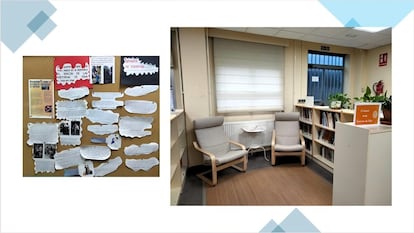 Fragmentos de memoria decoran las paredes e invitan a la lectura. El ‘Rincón de Historias de Vida’ en la biblioteca.