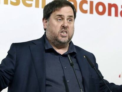 El vicepresidente del Govern, Oriol Junqueras, durante su intervención tras una reunión del consejo nacional de ERC.