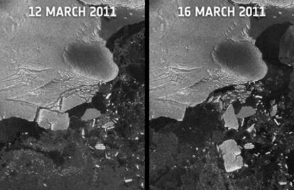 Imágenes captadas por el radar del satélite europeo 'Envisat' el 12 y el 16 de marzo (tras el terremoto de Tohoku del día 11), en las que se aprecian claramente las fracturas de la plataforma helada en la Antártida y los icebergs que se formaron.