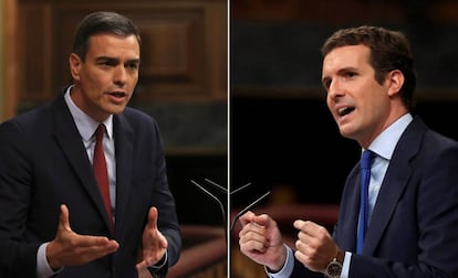 El presdente del Gobierno en funciones, Pedro Sánchez (izquierda) y el presidente del Partido Popular, Pablo Casado, en el debate de investidura.