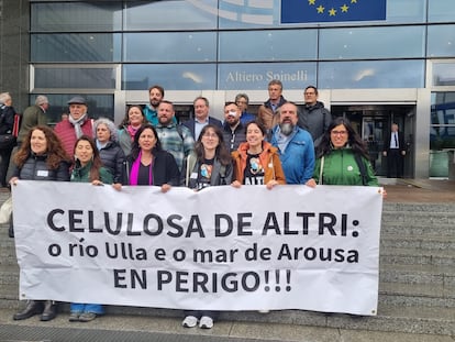 Miembros de Ulloa Viva este martes en Bruselas con la eurodiputada Ana Miranda, tercera por la izquierda en la primera fila, en una foto cedida.