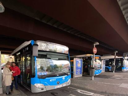 Varios autobuses de la EMT paran para recoger y dejar viajeros el pasado 20 noviembre.