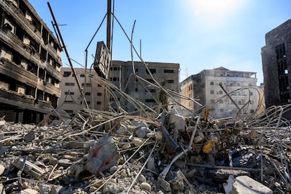 Smoke rises from buildings bombed by Israel in the killing of Hezbollah leader Hassan Nasrallah and his cousin and potential successor Hashem Saffiedine in the Hezbollah stronghold of the Beirutian neighborhood of Dahiye on October 9, 2024.