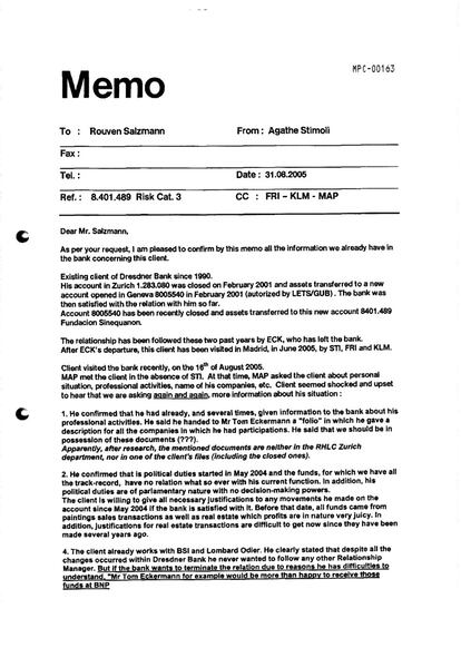 Memo donde se explica que B&aacute;rcenas es cliente del Dresdner Bank desde 1990.