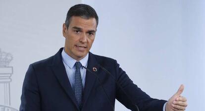 El presidente del Gobierno, Pedro Sánchez, durante la rueda de prensa posterior al Consejo de Ministros celebrado en La Moncloa, el pasado martes.