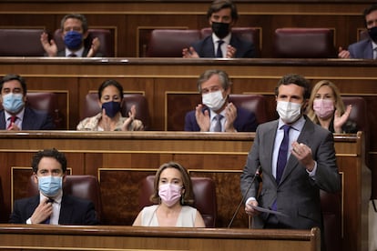 El líder del PP, Pablo Casado, interviene en la sesión de control al Gobierno en el Congreso de los Diputados, el pasado 23 de junio.