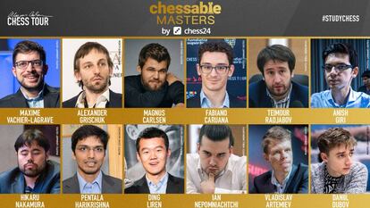 Los doce participantes en el torneo rápido por internet Chessable Masters