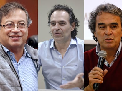 Los tres precandidatos mejor posicionados en las encuestas en Colombia: Gustavo Petro, Federico Gutiérrez y Sergio Fajardo.