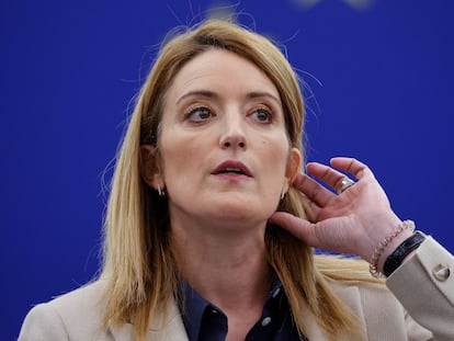 La presidenta de la Eurocámara, Roberta Metsola, este lunes en la sede del Parlamento Europeo en Estrasburgo.