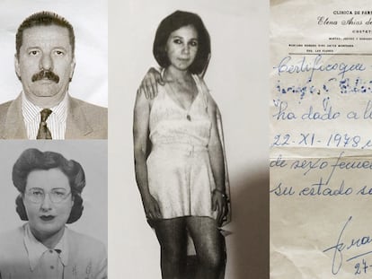 El doctor Jorge Bergés, la partera Juana Elena Franicevich (a la izquierda), Leonor Larrazano (en el medio) en 1969 y un certificado de parto emitido por la clínica.