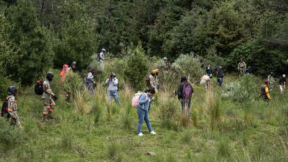 Voluntarios y autoridades en la búsqueda de Ameli García, en las faldas del Pico del Águila este viernes.